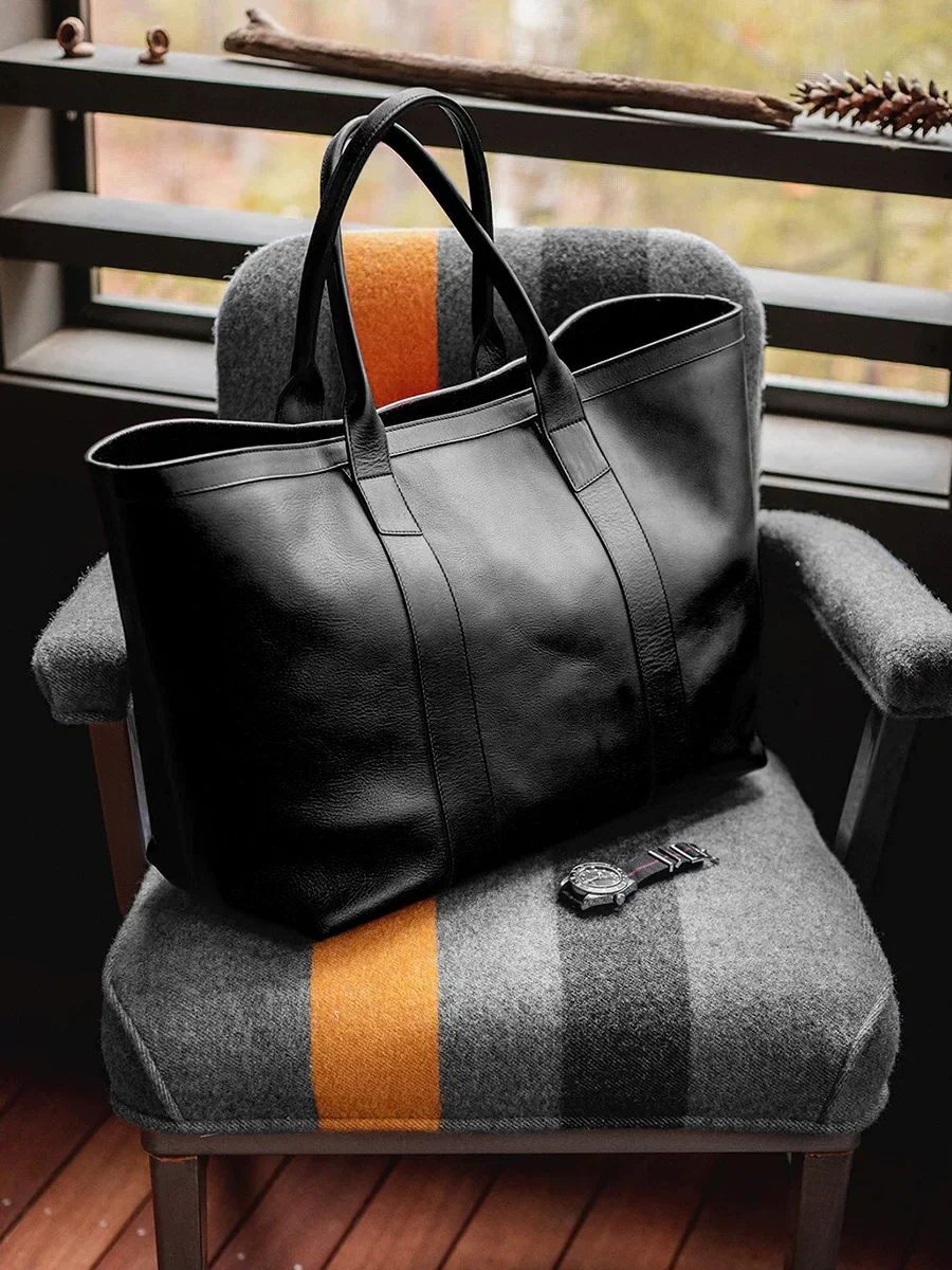 Structured Top-Grain Leather Open-Top Tote