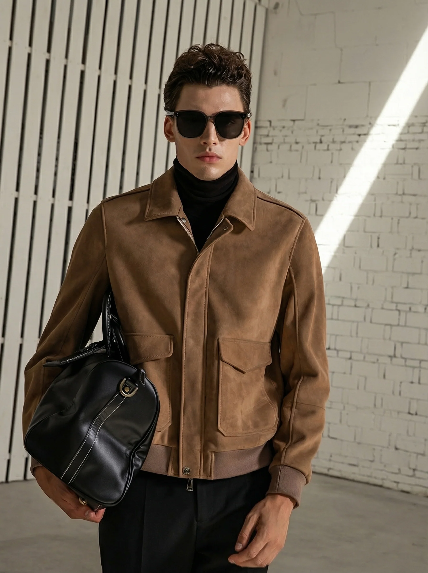 Suede Point-Collar Bomber Jacket