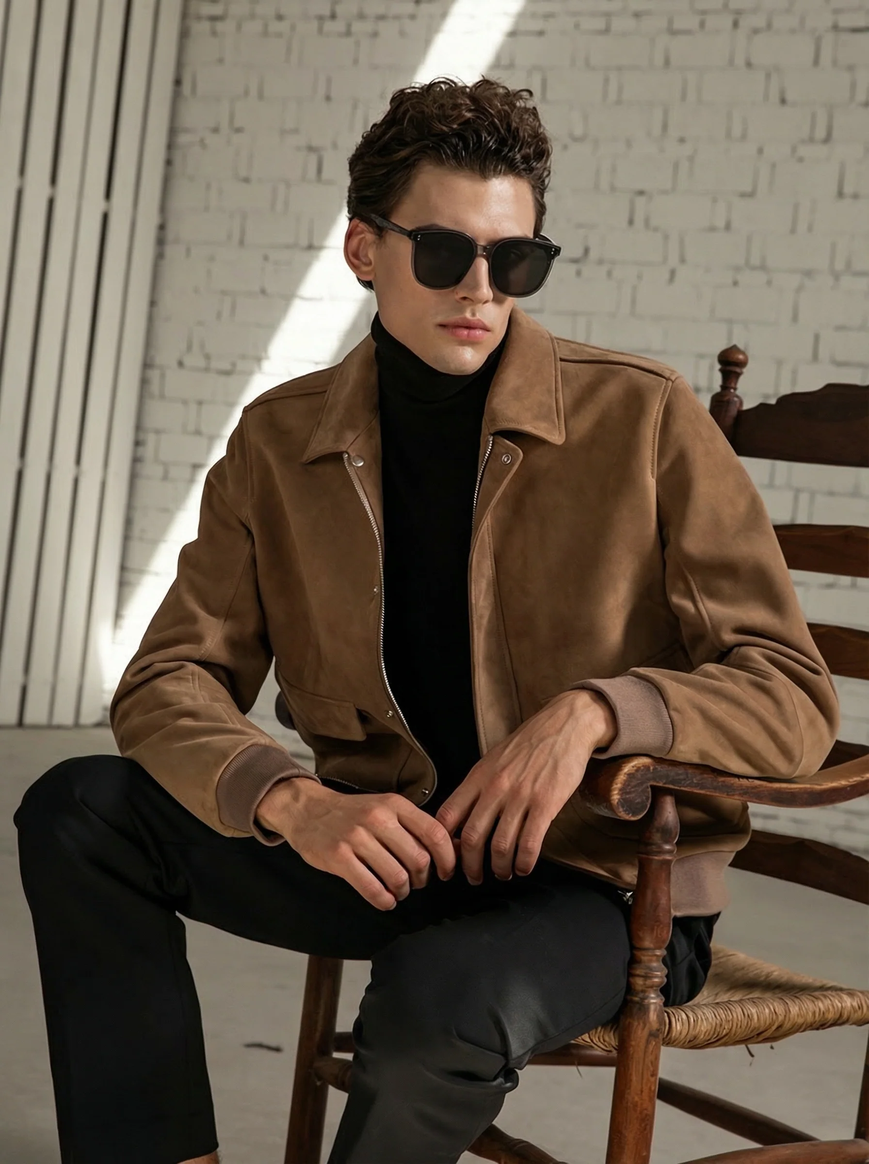 Suede Point-Collar Bomber Jacket - Image 2