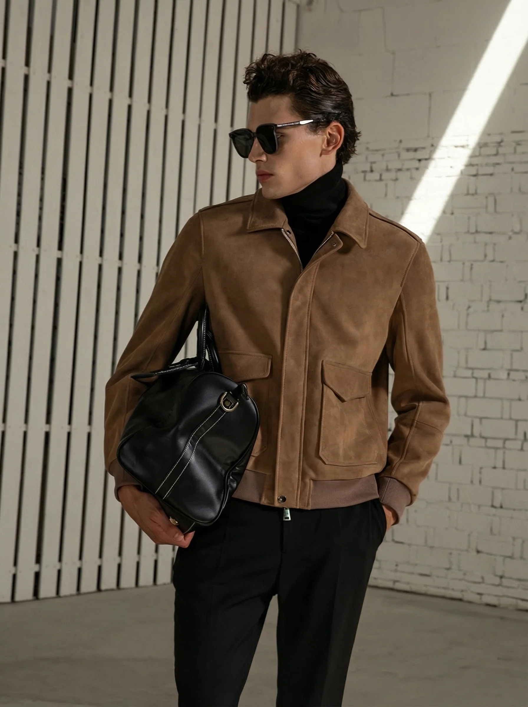 Suede Point-Collar Bomber Jacket - Image 3