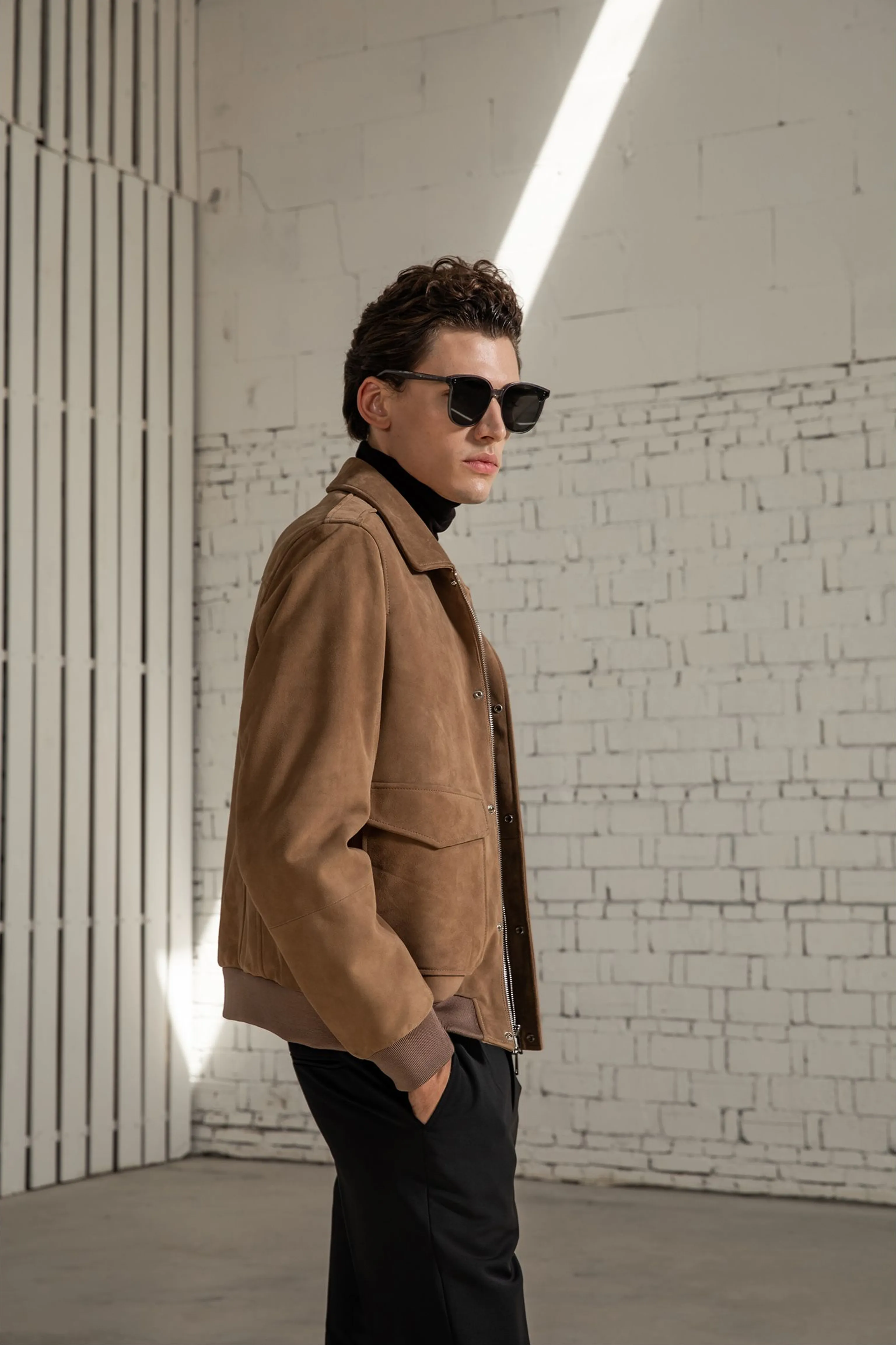 Suede Point-Collar Bomber Jacket - Image 5