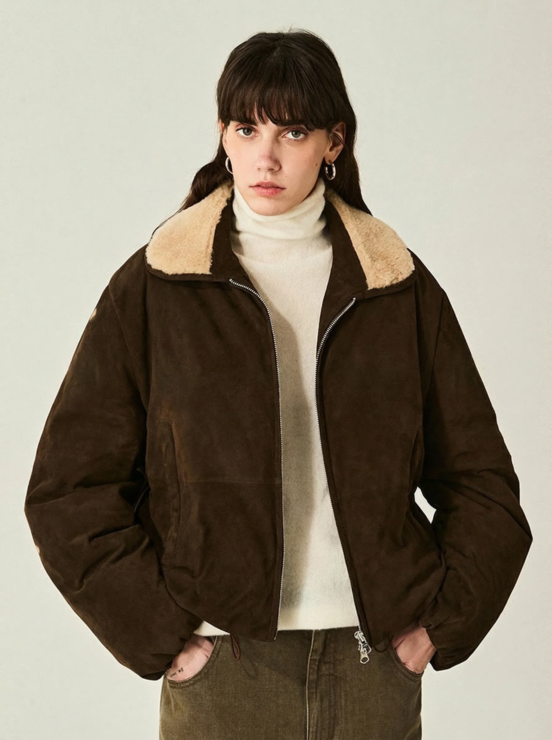Suede Shearling Collar Down Bomber