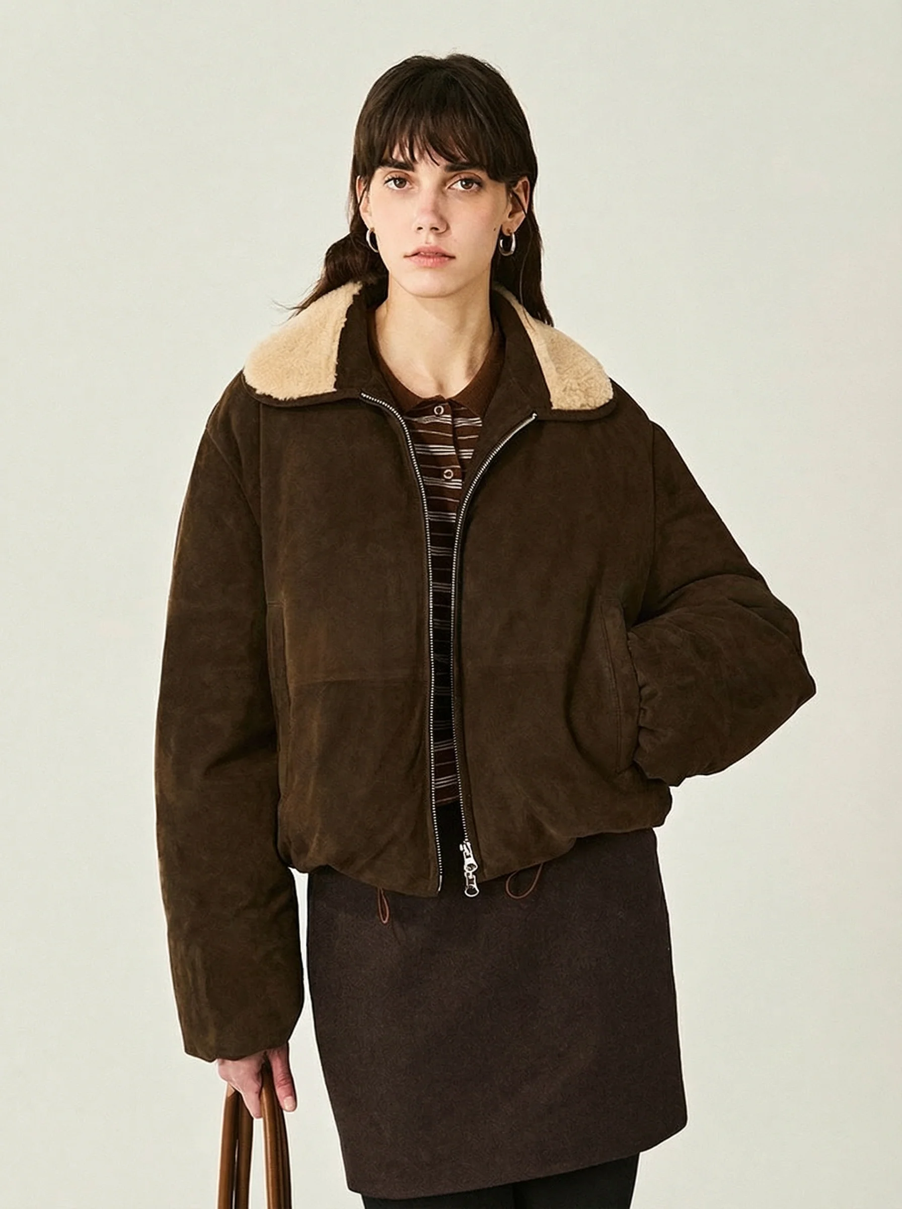 Suede Shearling Collar Down Bomber - Image 3