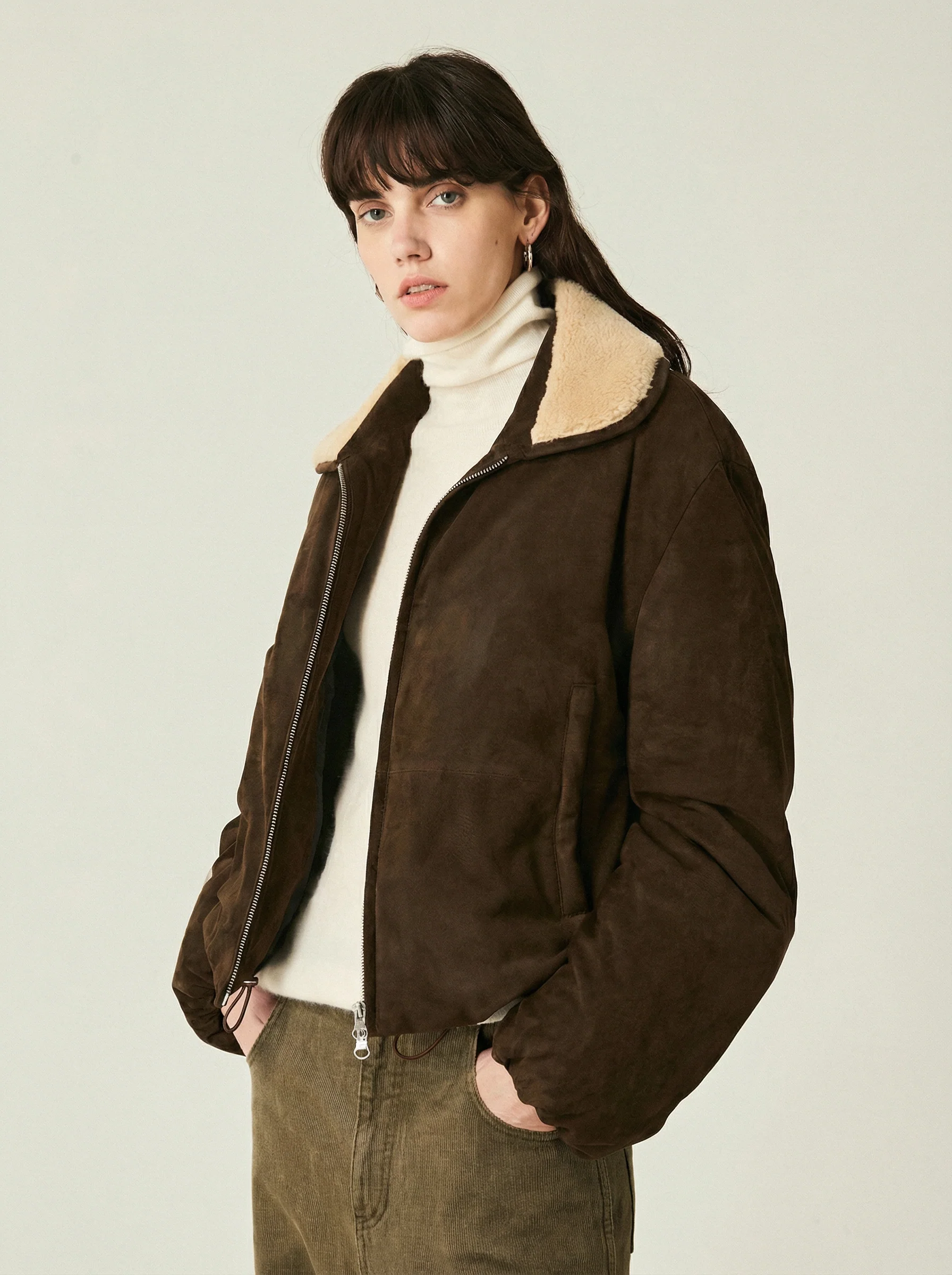 Suede Shearling Collar Down Bomber - Image 5