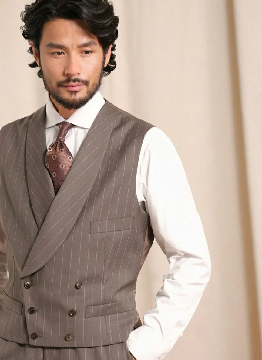 Taupe Pinstripe Double-Breasted Vest