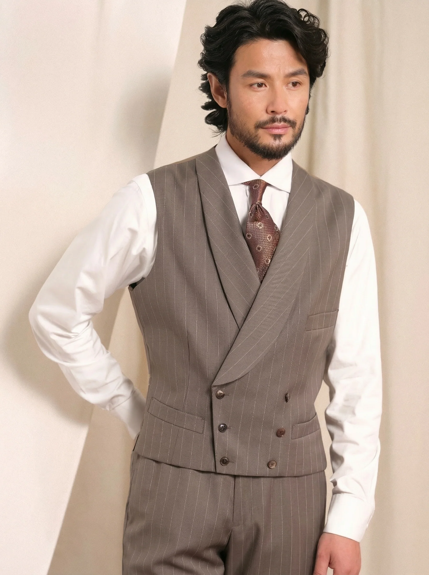 Taupe Pinstripe Double-Breasted Vest - Image 2