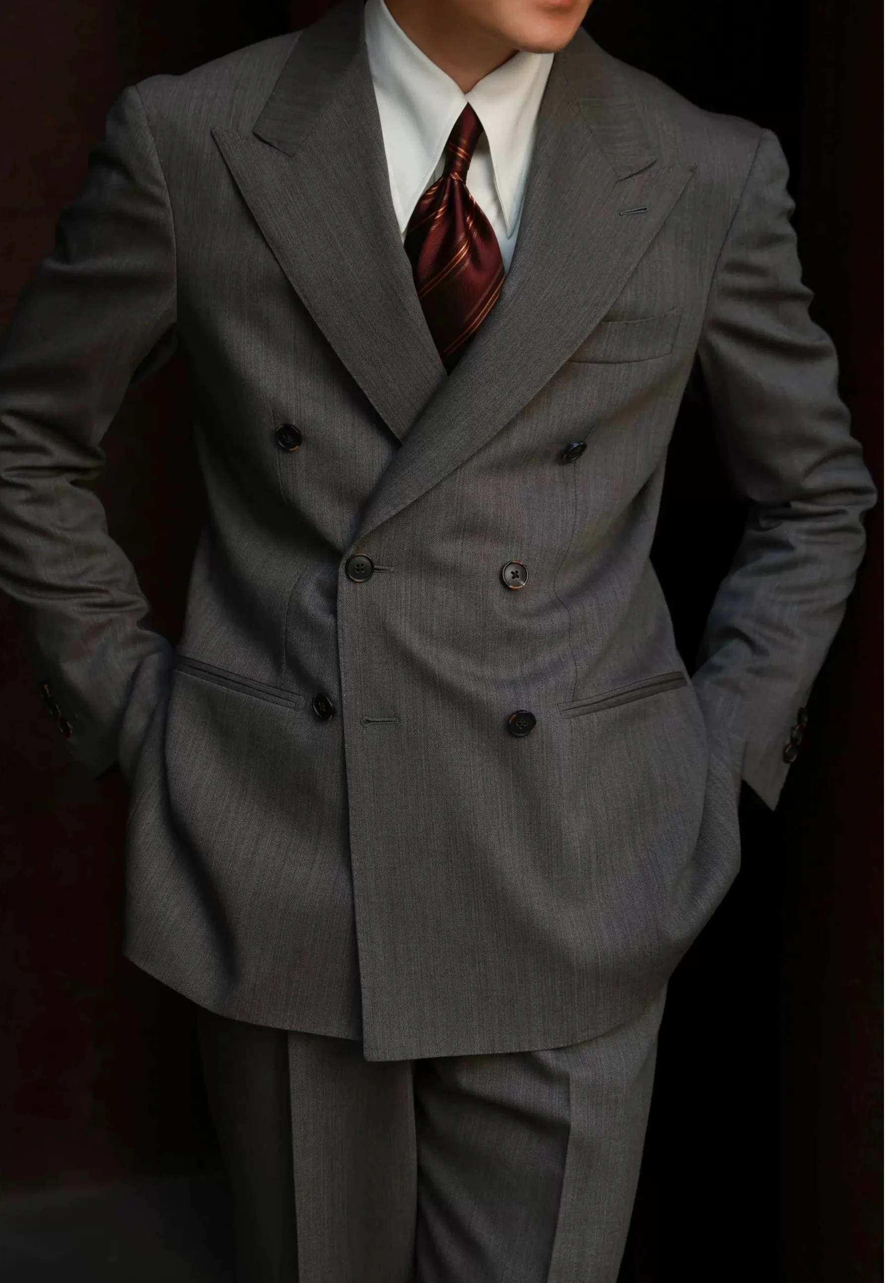 Tea Gray Wheat-Ear Double-Breasted Wool Blazer - Image 3