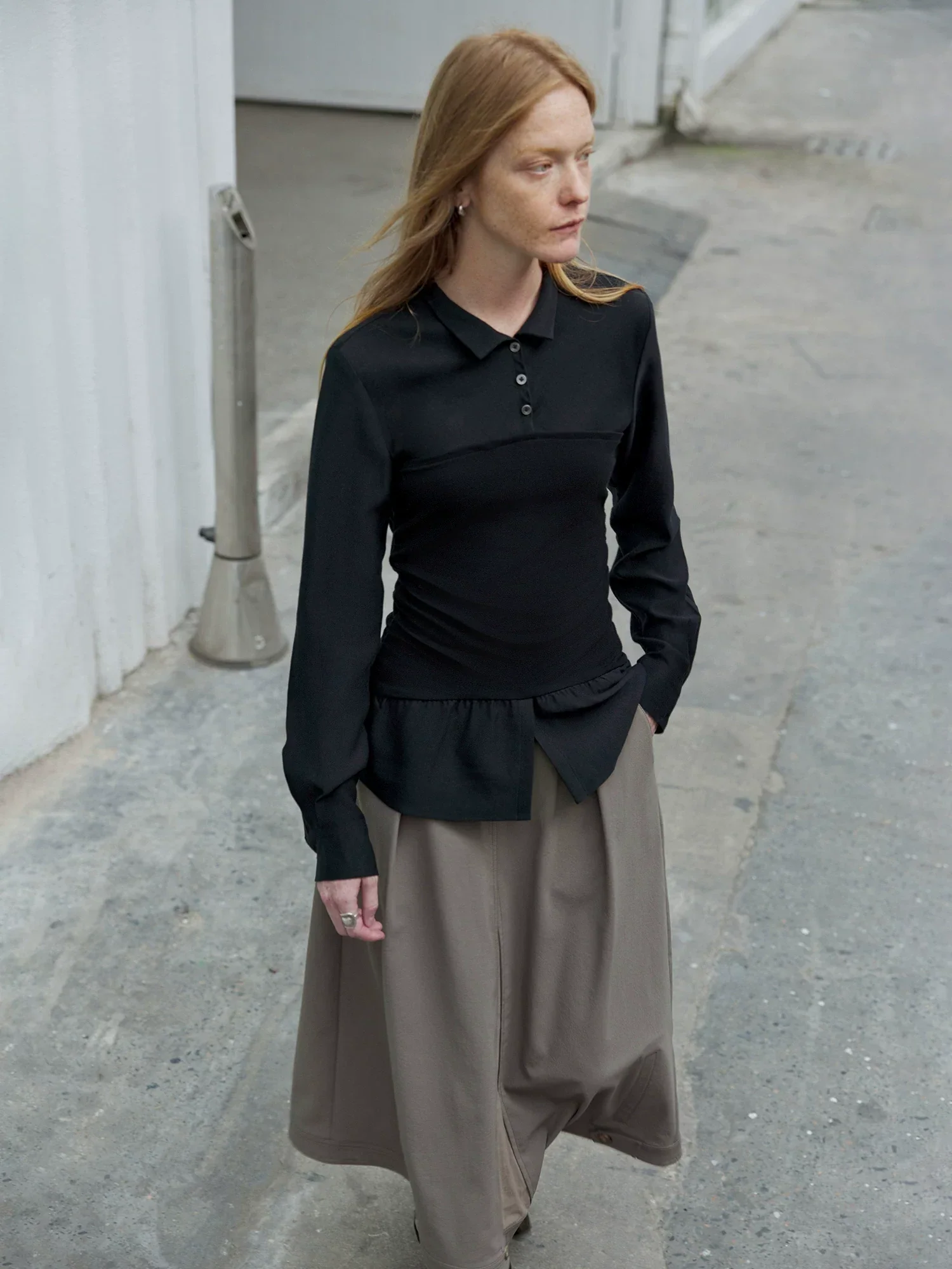 Tencel Wool Peplum Polo Top