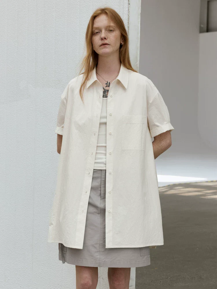 Textured Cotton Short-Sleeve Shirt Dress