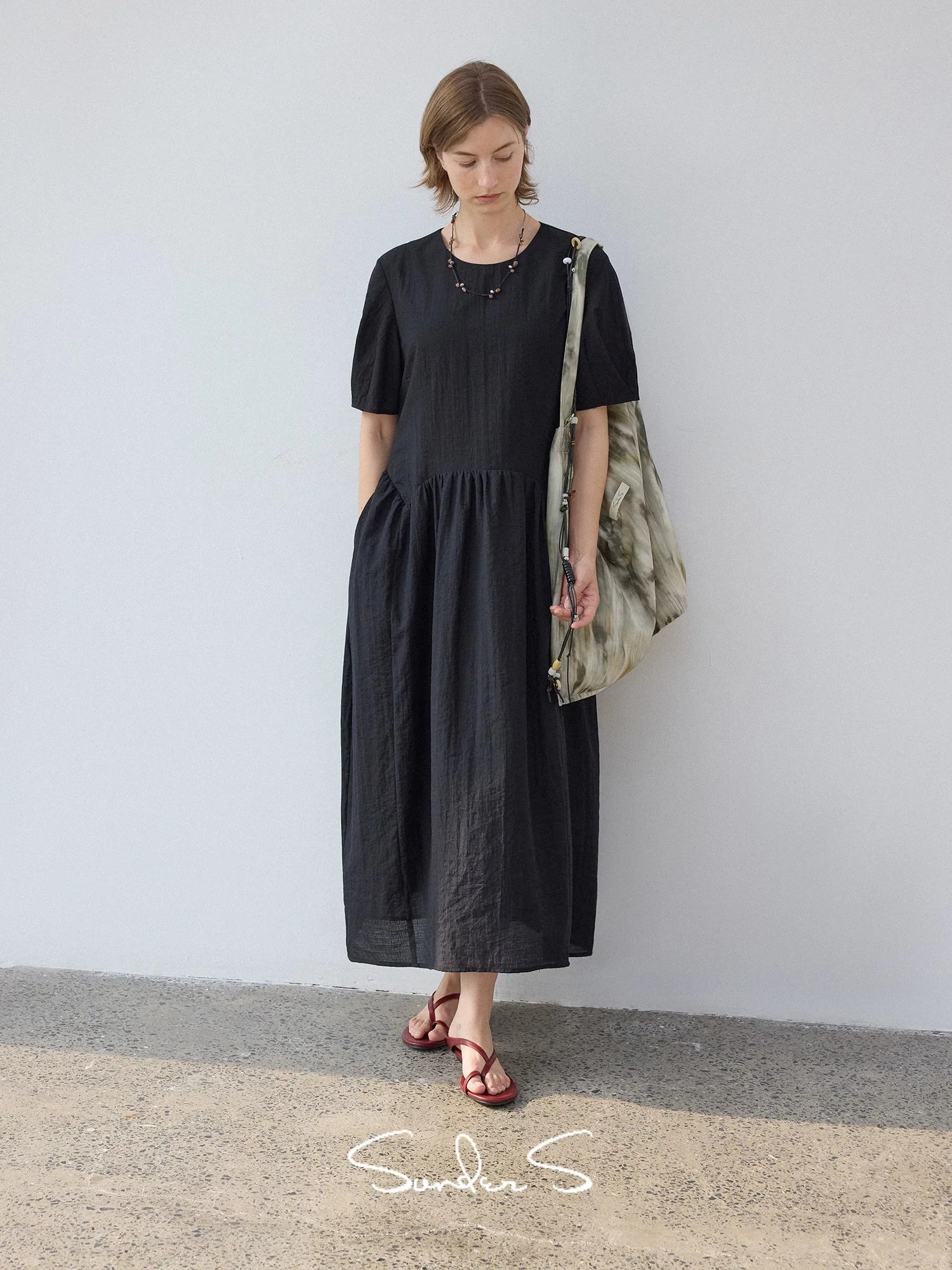 Textured Drop-Waist Short-Sleeve Dress