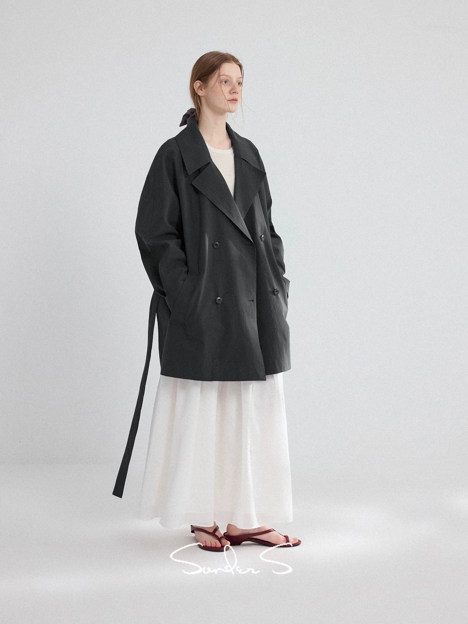 Textured Mid-Length Double-Breasted Trench Coat