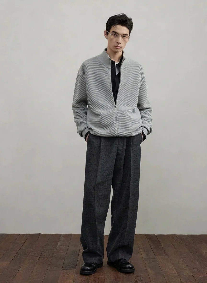 Textured Mock‑Neck Zip Cardigan