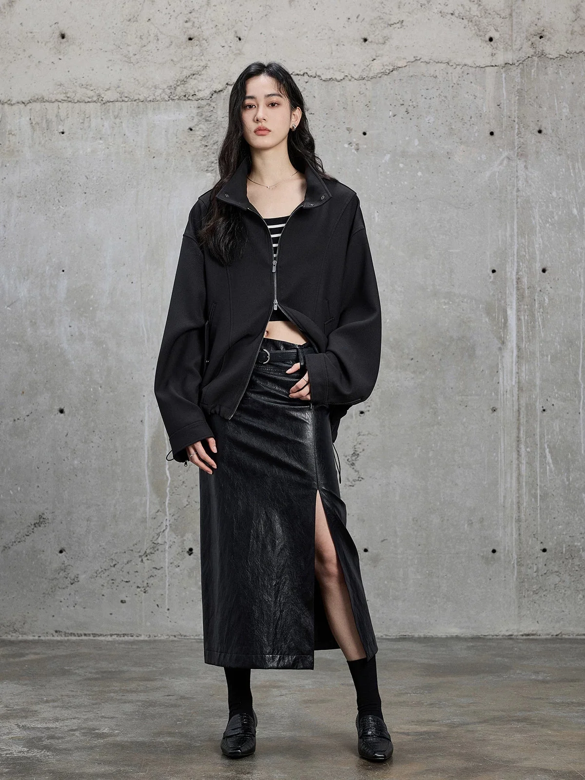 Textured Twill Funnel-Neck Jacket