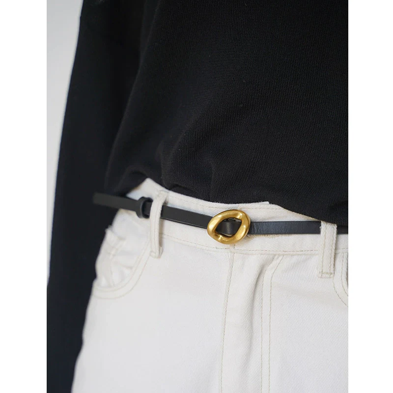 Thin Cowhide Leather Belt with Gold Oval Buckle - Image 7
