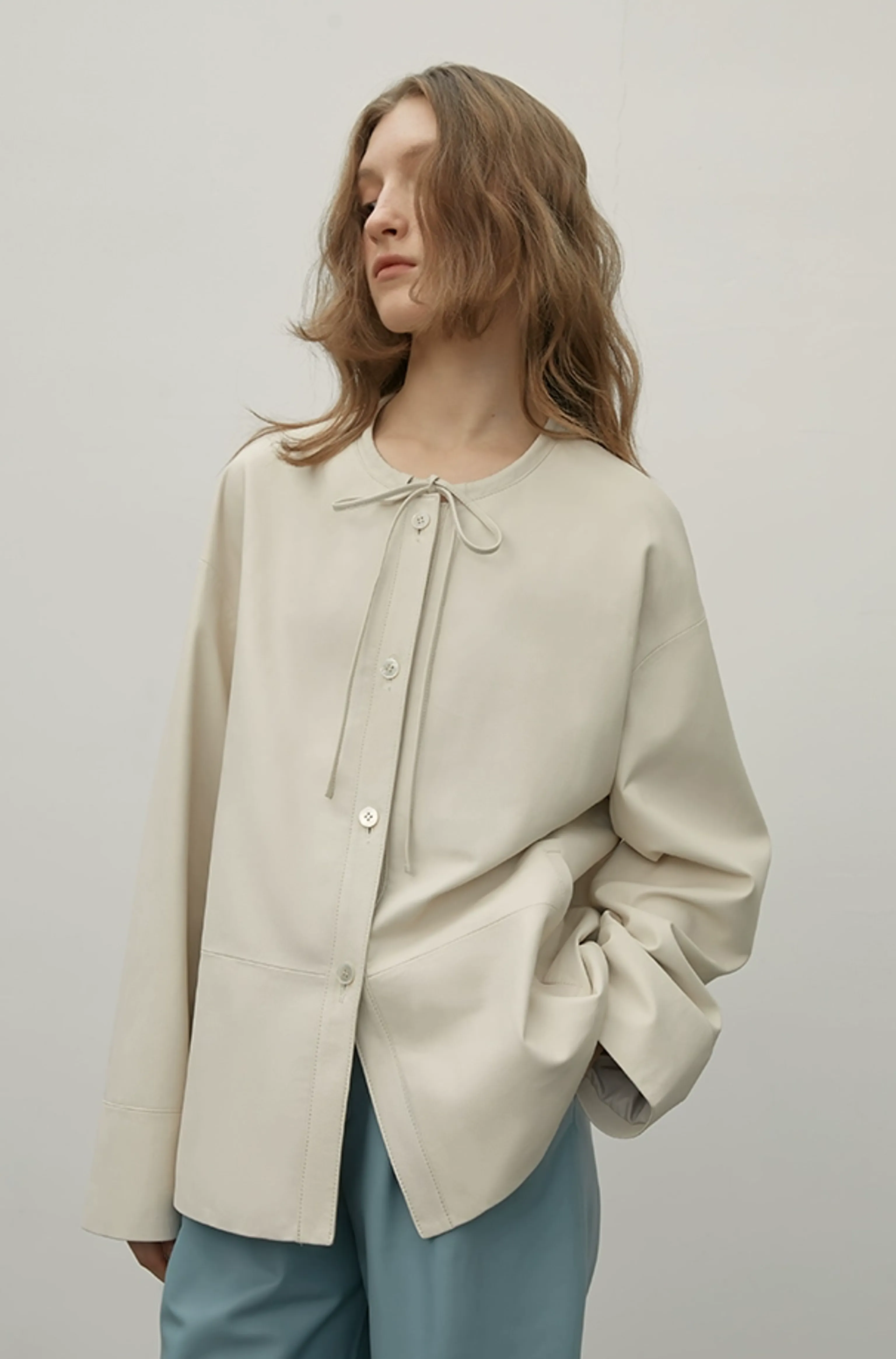 Tie-Neck Coated Lambskin Jacket