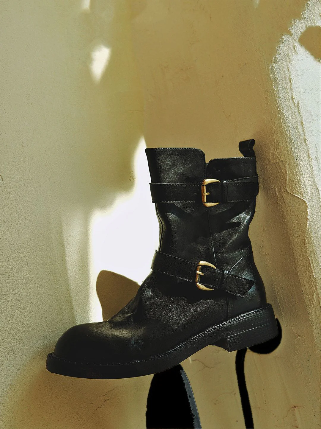 Top Grain Leather Double-Buckle Moto Boot