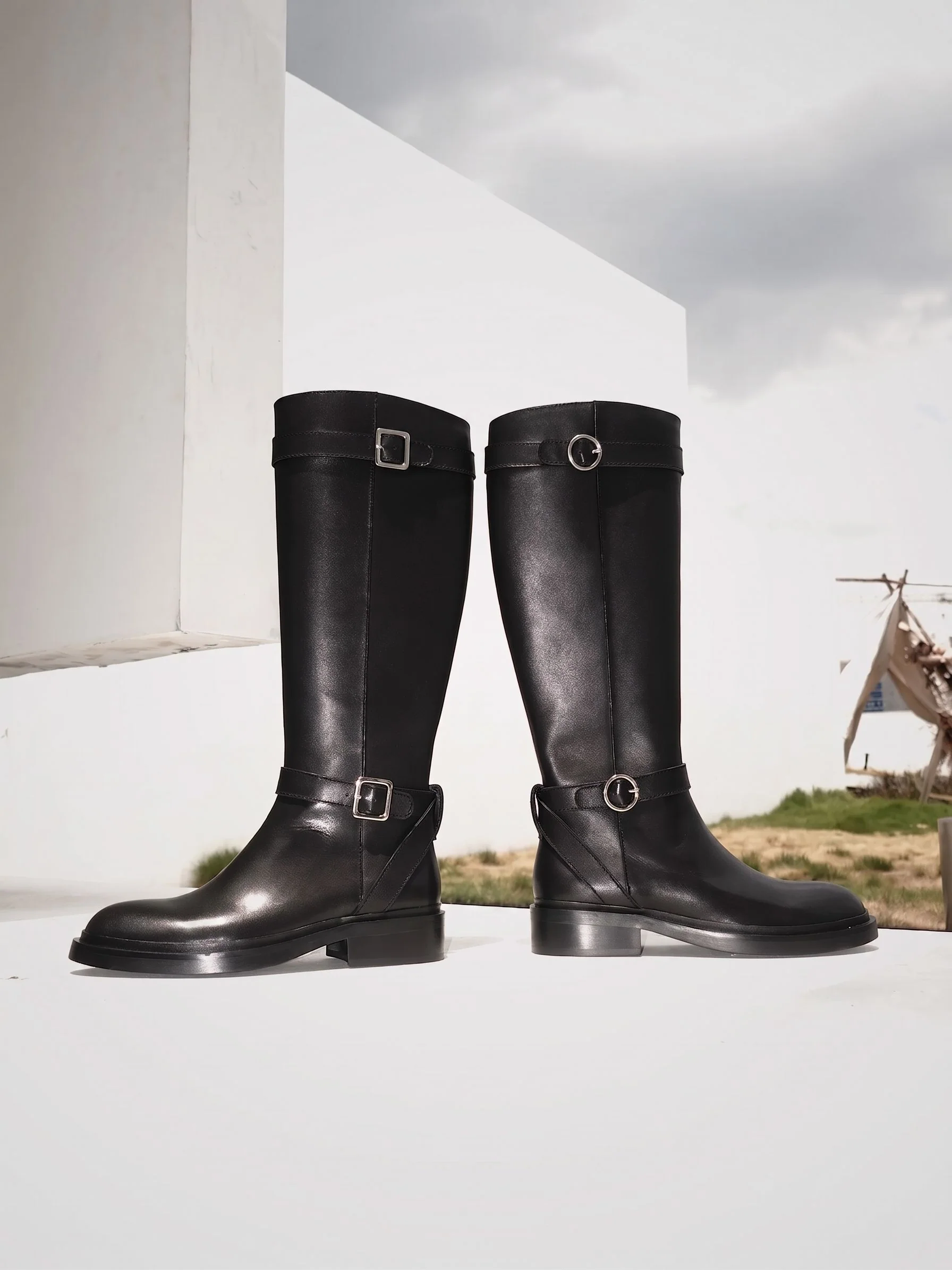 Top Grain Leather Harness Knee Boots