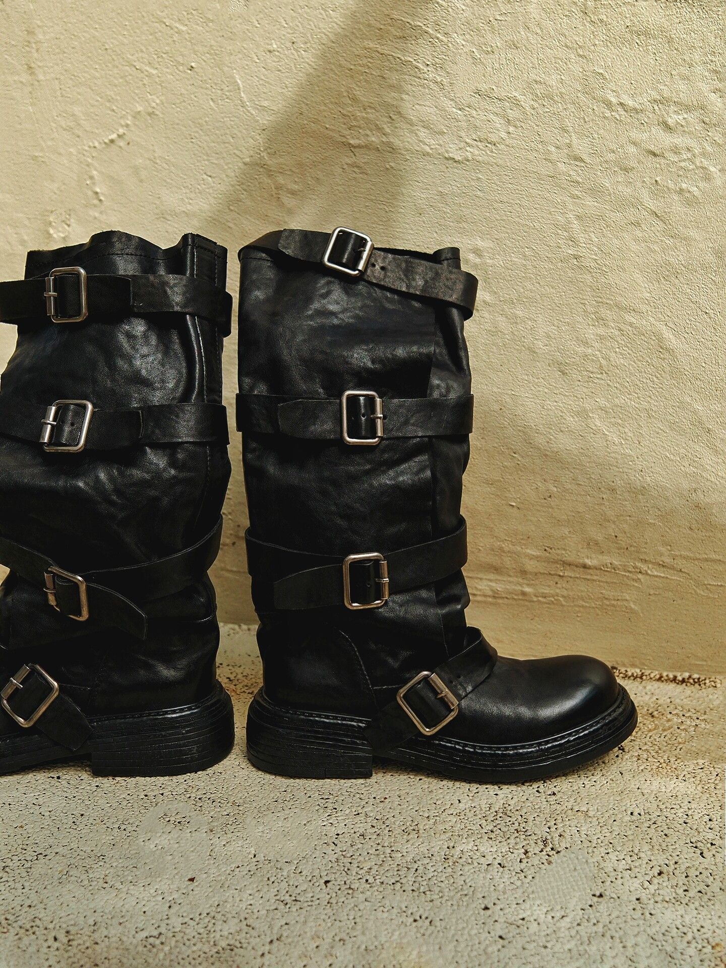 Top-Grain Leather Multi-Buckle Tall Boots