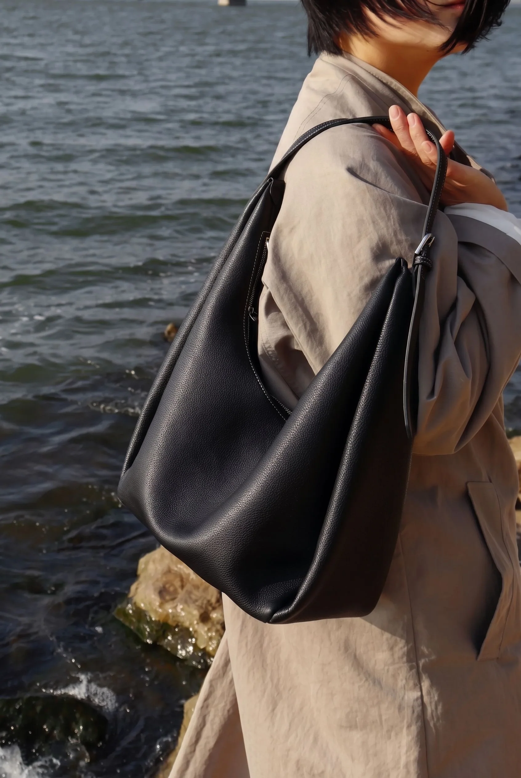 Top Grain Leather Pebbled Hobo Bag - Image 5