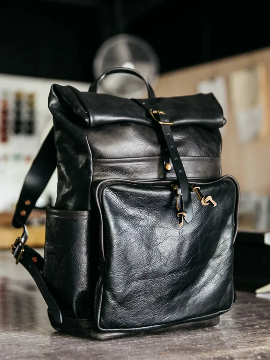 Top Grain Leather Roll-Top Backpack - Image 3
