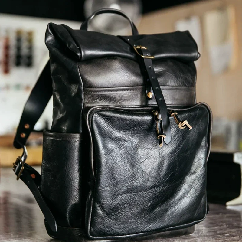 Top Grain Leather Roll-Top Backpack - Image 7