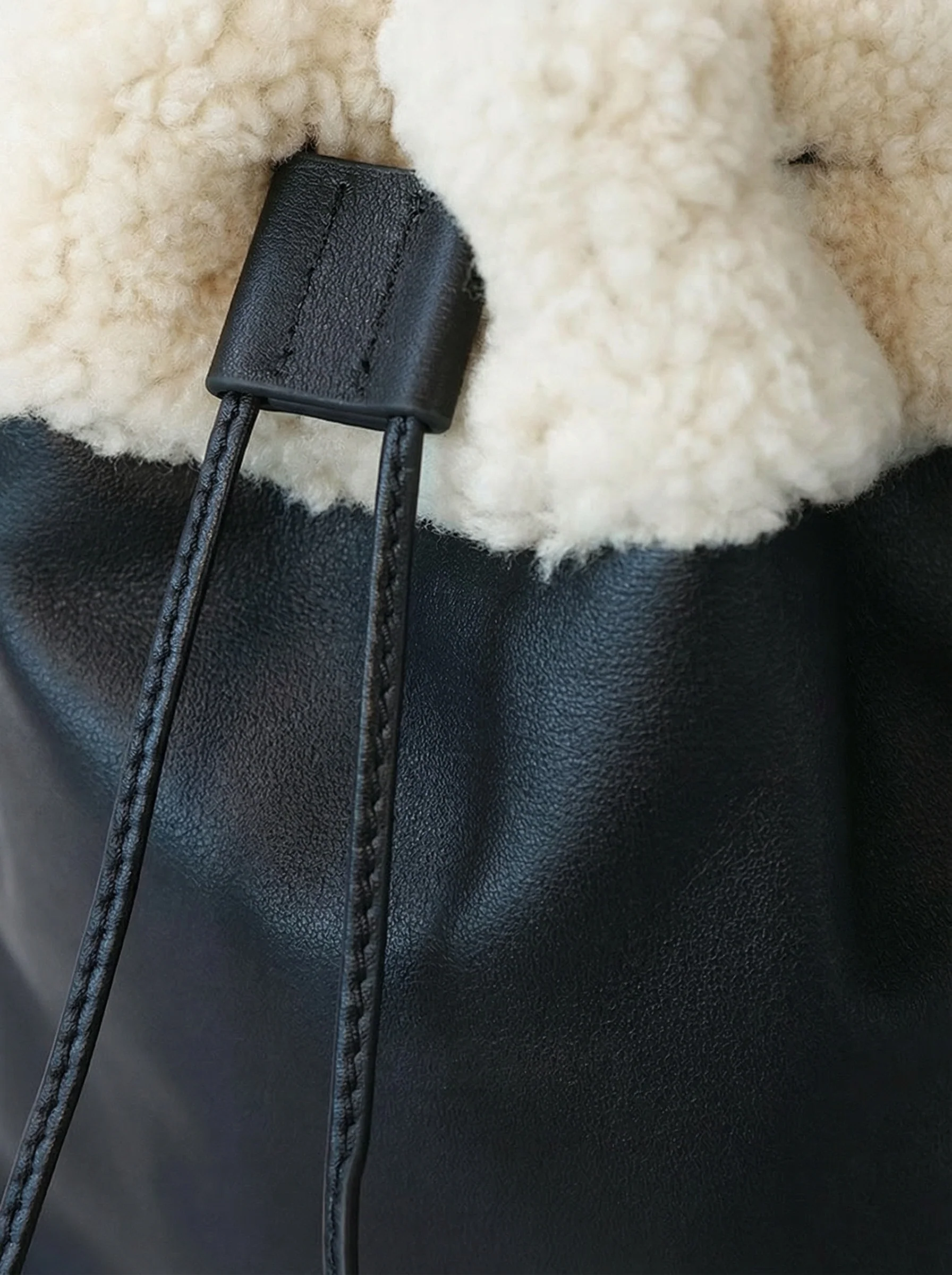 Top Grain Leather Shearling-Cuff Bucket Crossbody - Image 2