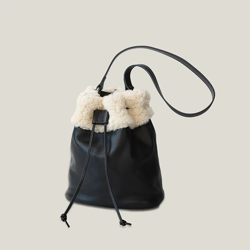 Top Grain Leather Shearling-Cuff Bucket Crossbody - Image 3