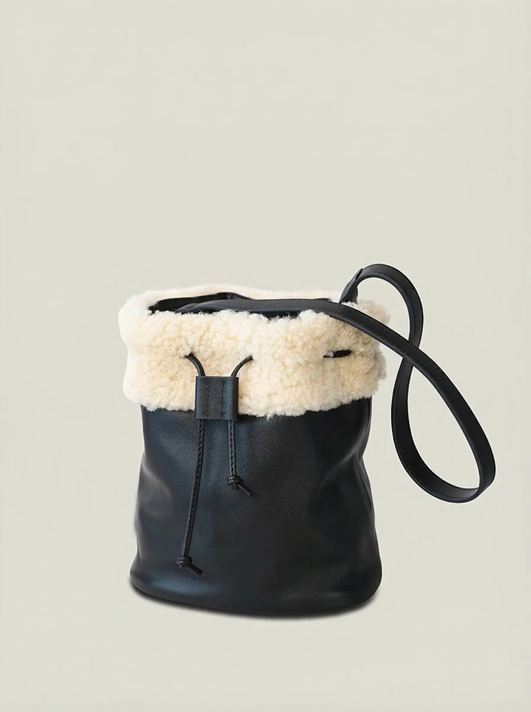 Top Grain Leather Shearling-Cuff Bucket Crossbody - Image 5