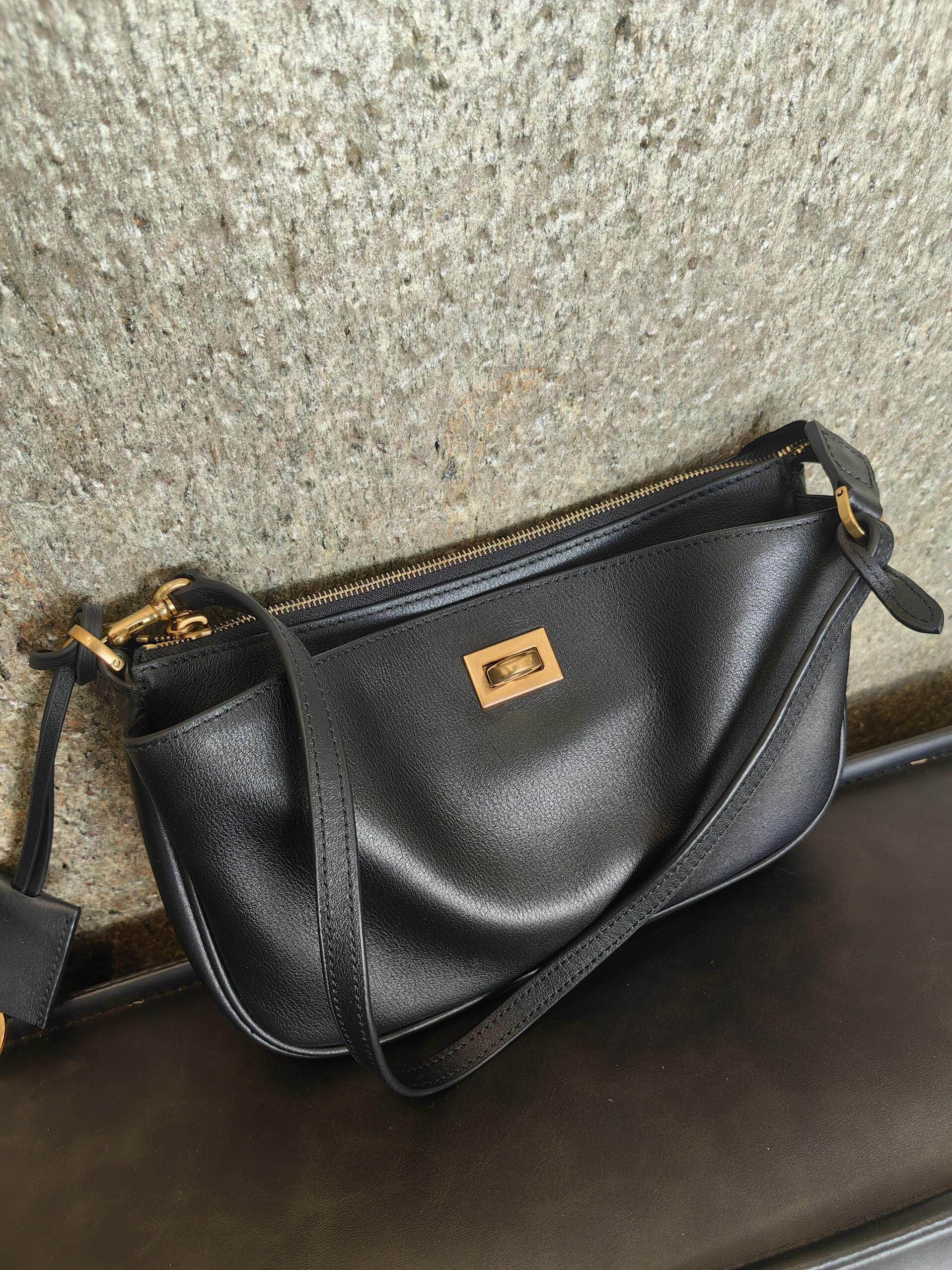Top Grain Leather Turn-Lock Shoulder Bag
