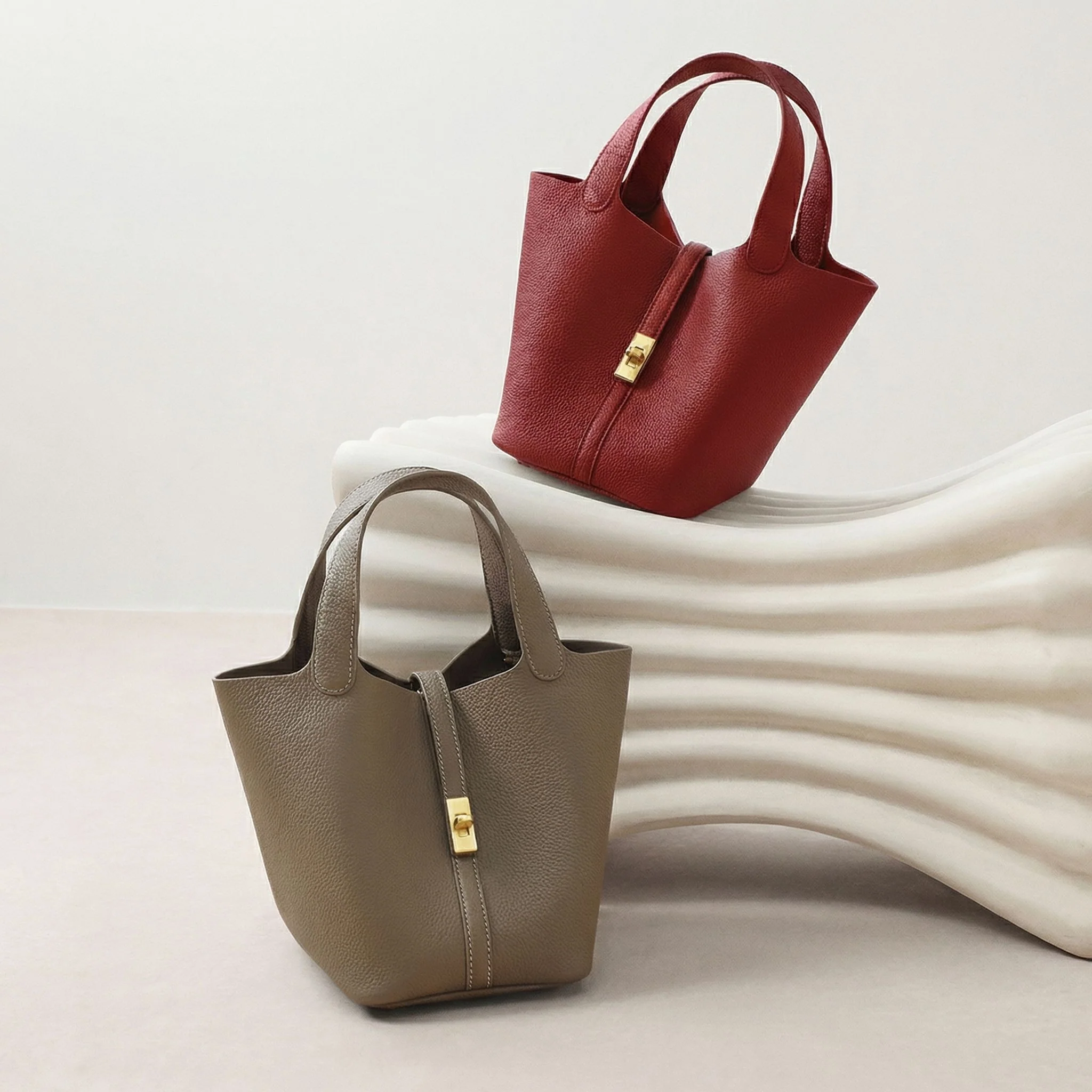 Top Grain Leather Turnlock Mini Tote