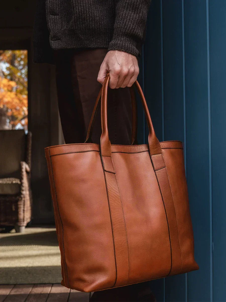 Top-Grain Leather Vertical Panel Tote