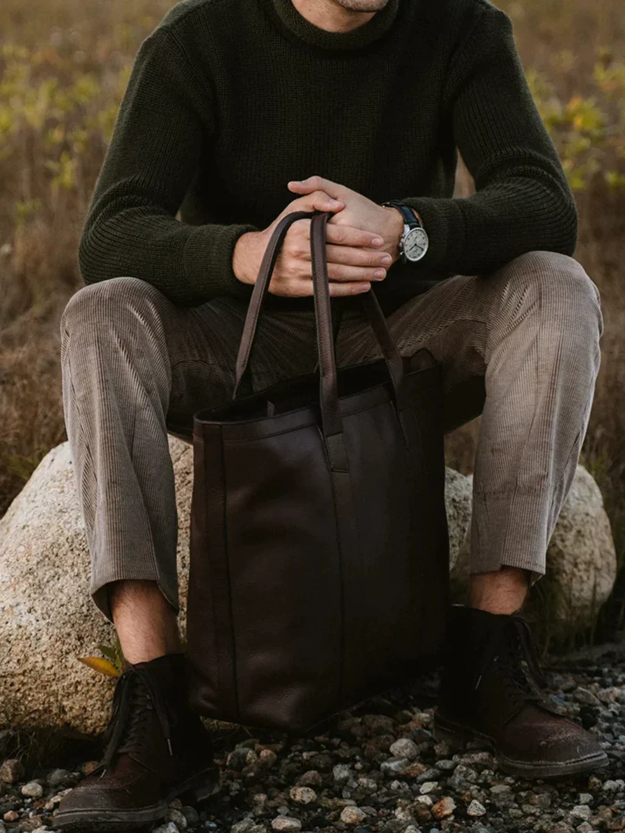Top-Grain Leather Vertical Panel Tote - Image 3
