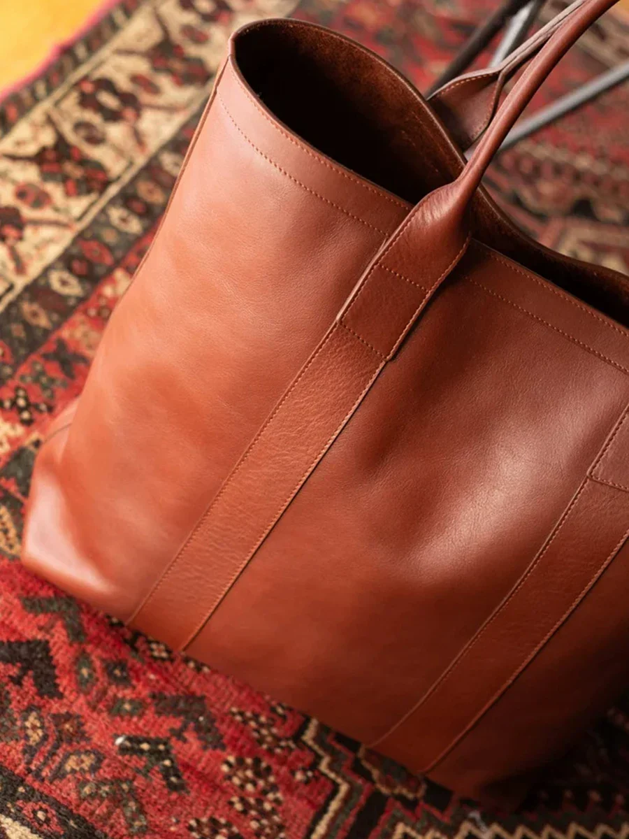 Top-Grain Leather Vertical Panel Tote - Image 4