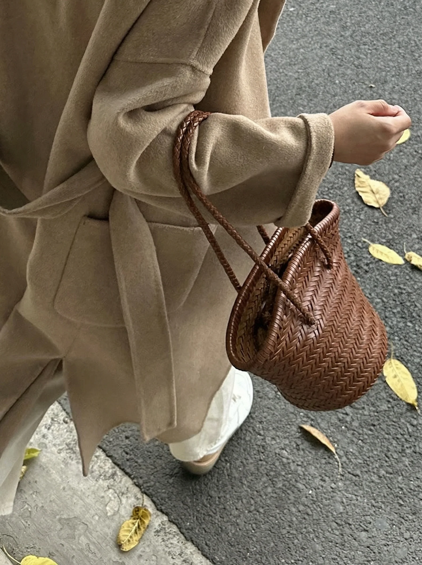 Top Grain Leather Woven Bucket Bag - Image 2