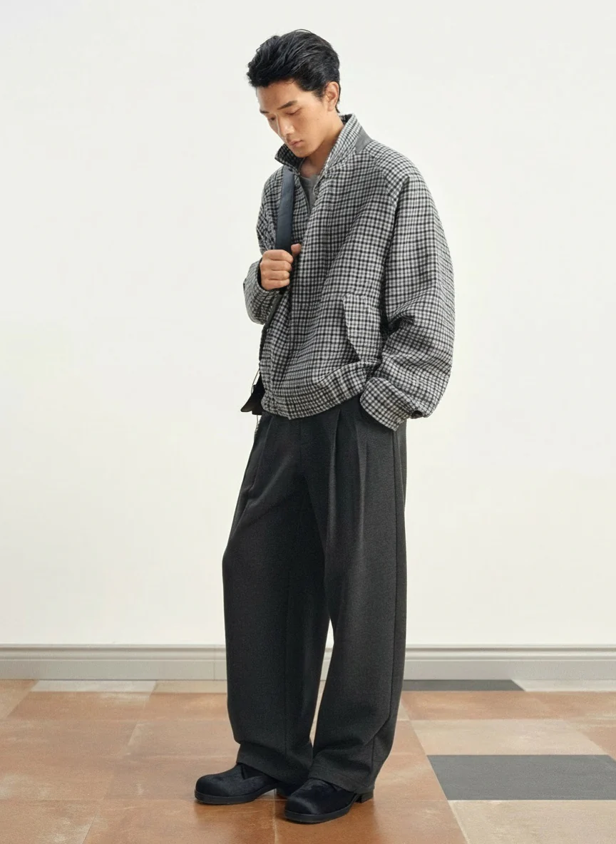 Twill Faux Wool Double-Pleat Wide-Leg Trousers