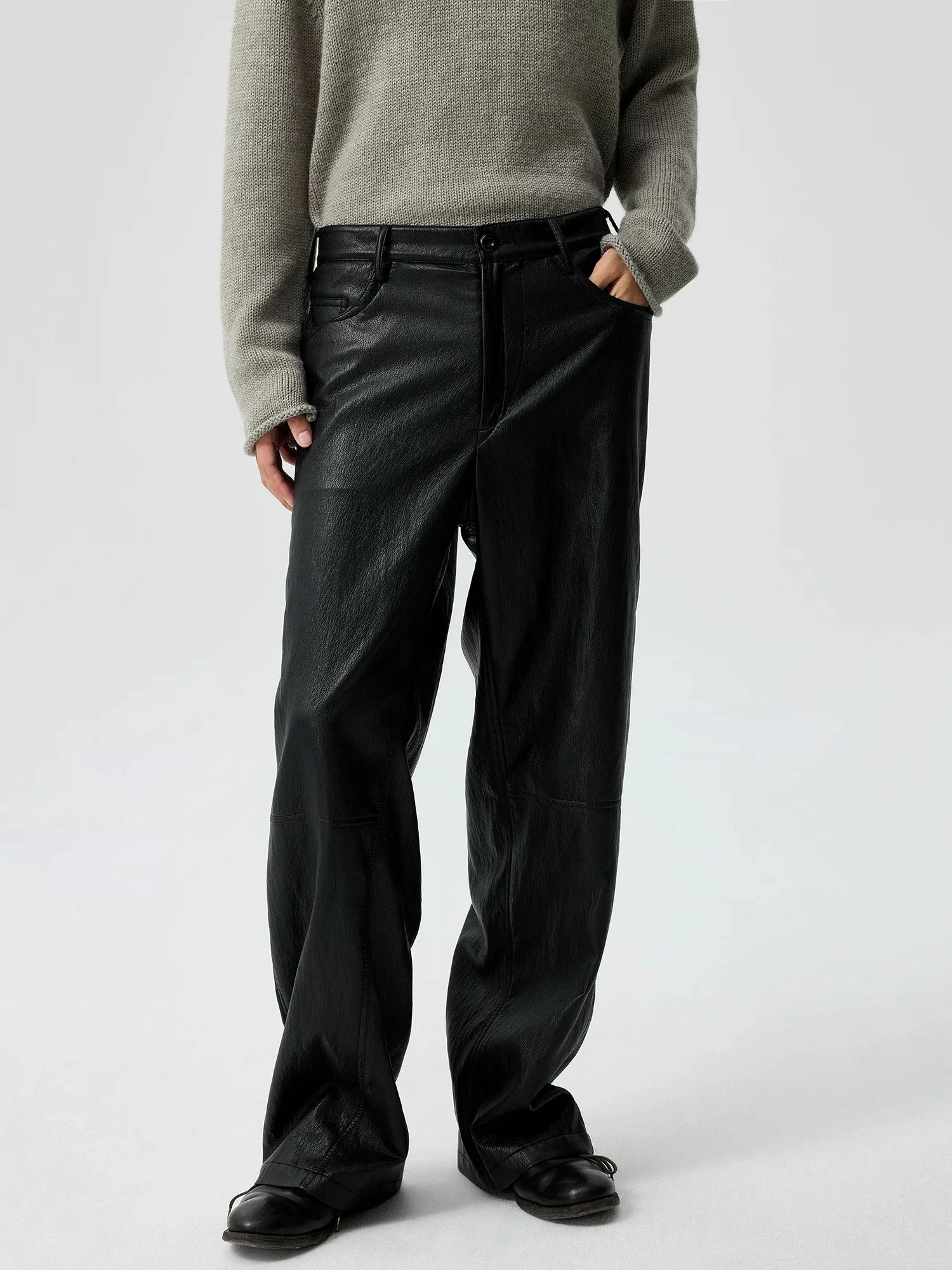 Twist-Seam Faux Leather Wide-Leg Trousers