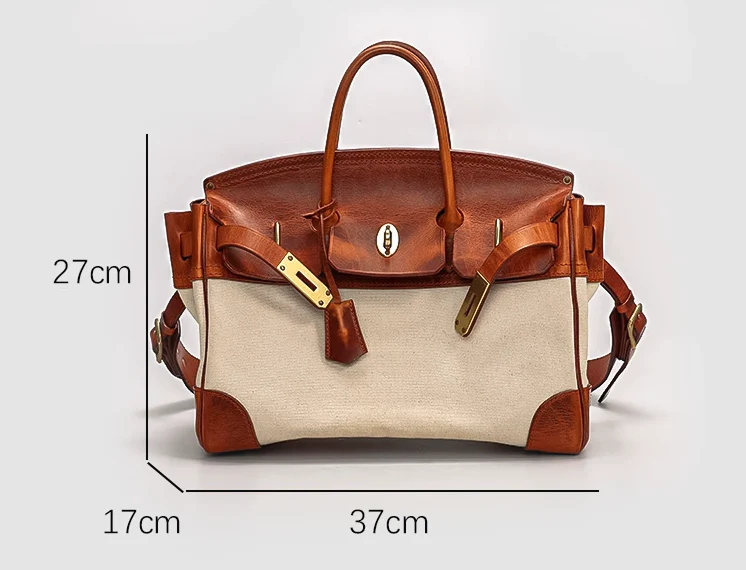 Two-Tone Canvas and Leather Handbag - Image 3