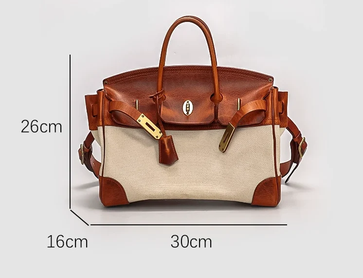 Two-Tone Canvas and Leather Handbag - Image 6