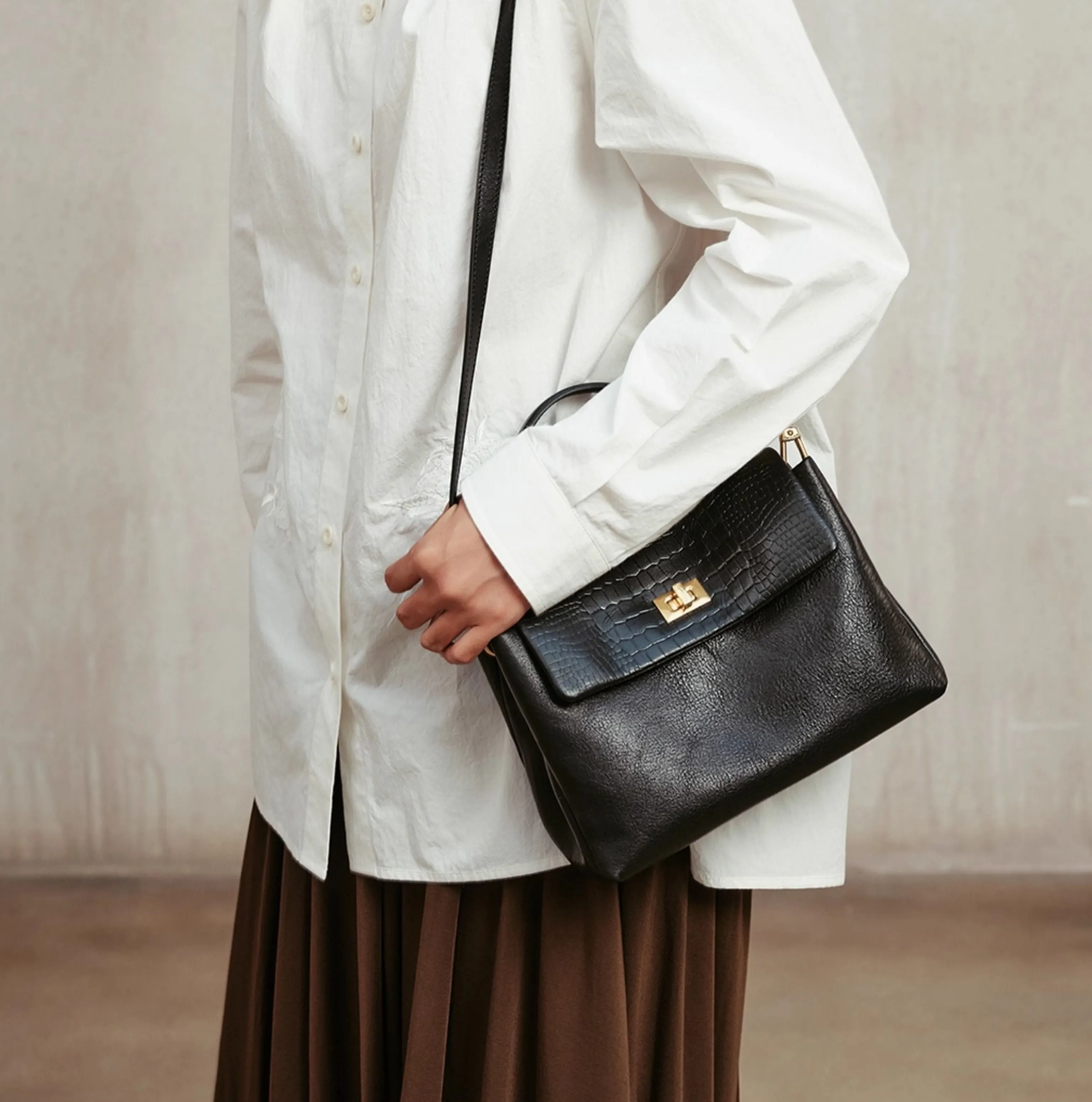 Two-Tone Croc-Embossed Top-Grain Leather Top-Handle Flap Bag - Image 6