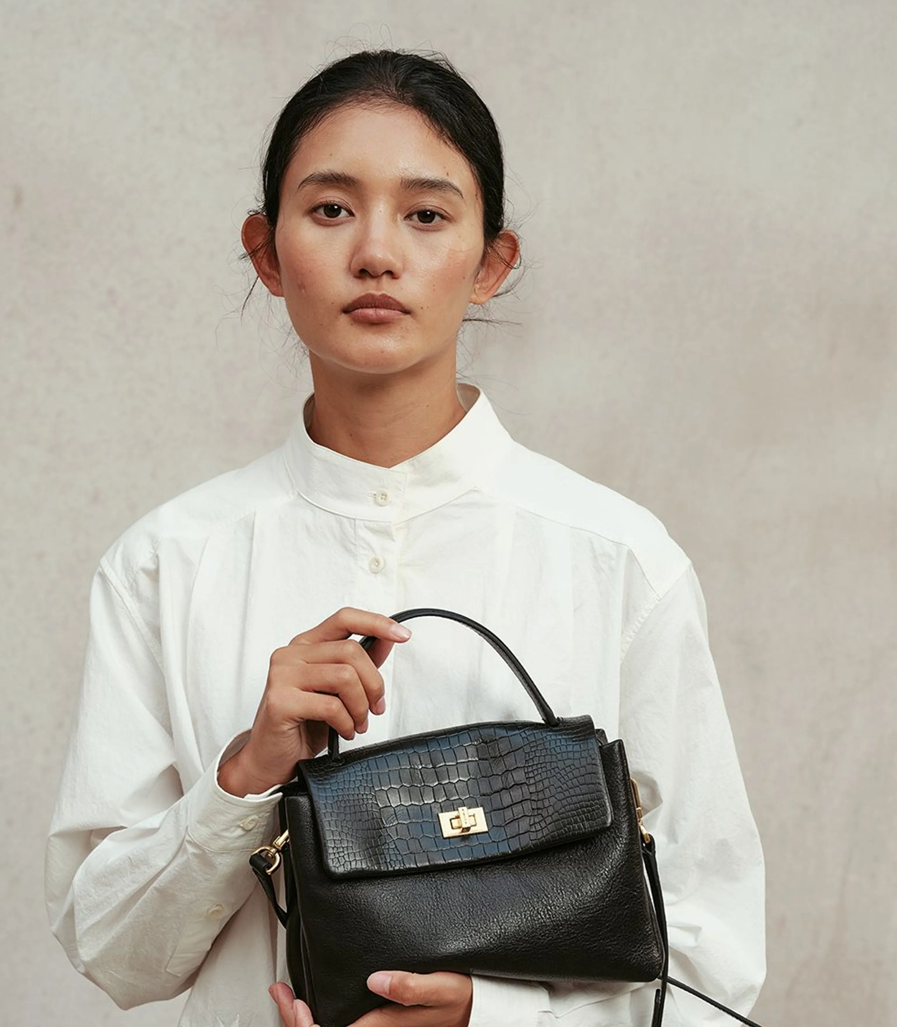 Two-Tone Croc-Embossed Top-Grain Leather Top-Handle Flap Bag - Image 7