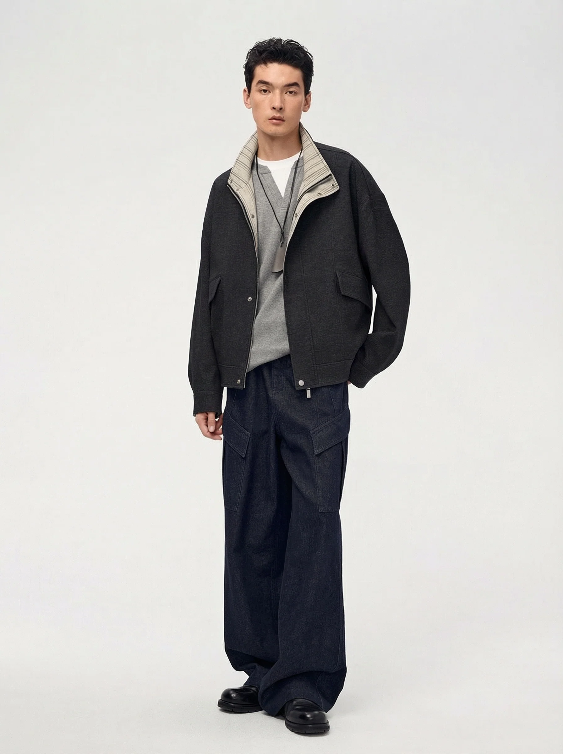 Two-Tone Faux Denim Stand-Collar Jacket