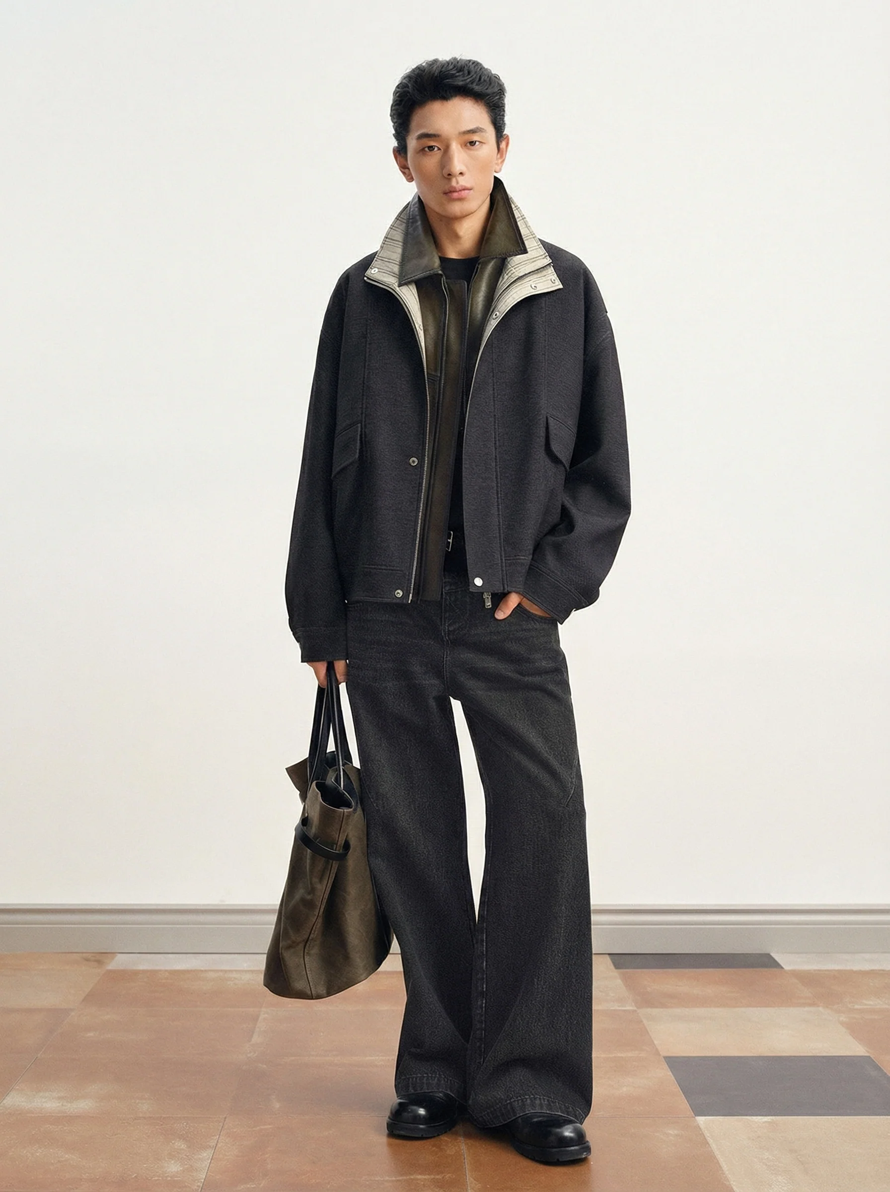 Two-Tone Faux Denim Stand-Collar Jacket - Image 2