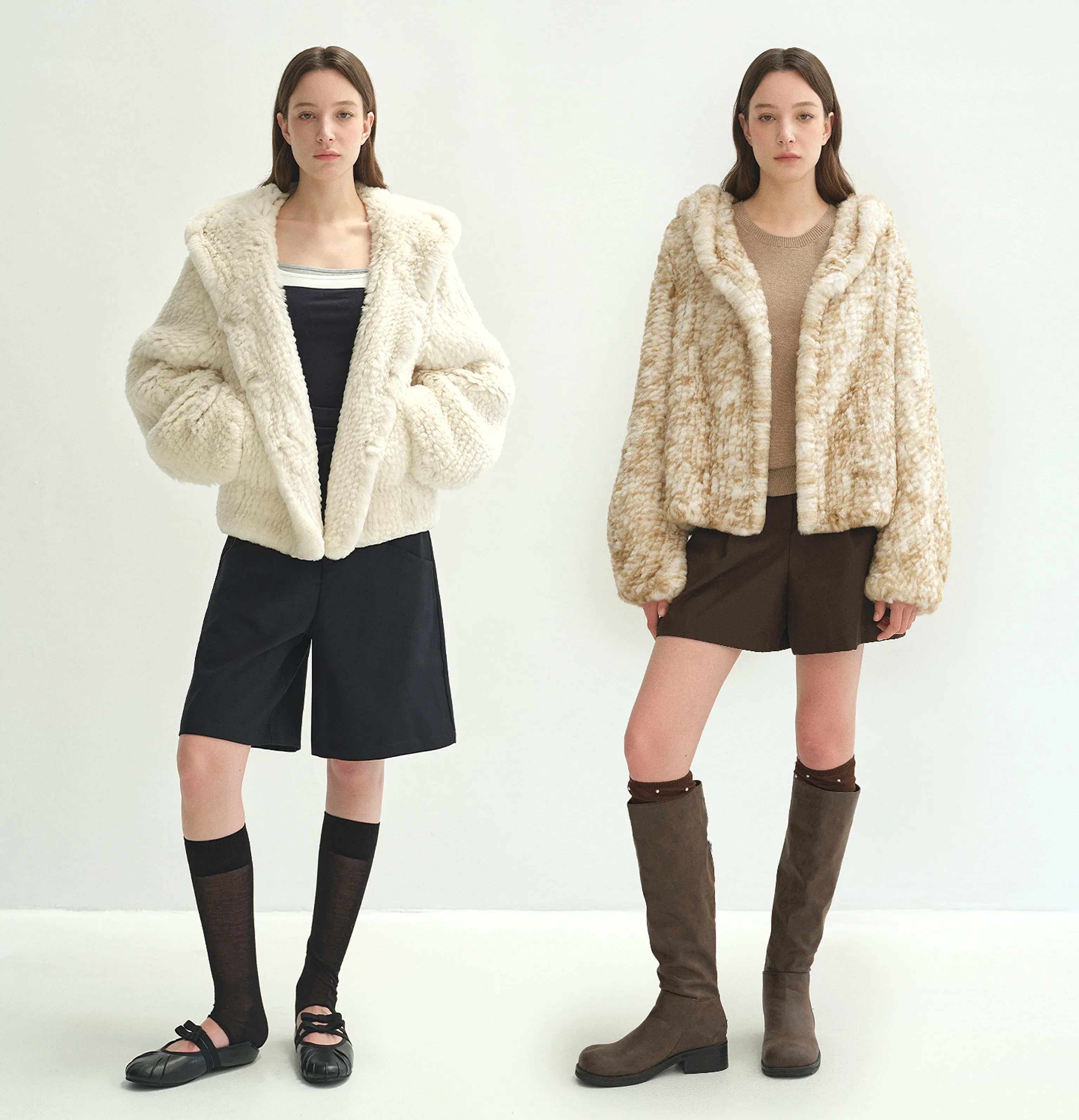 Two-Tone Hooded Rex Rabbit Fur Jacket