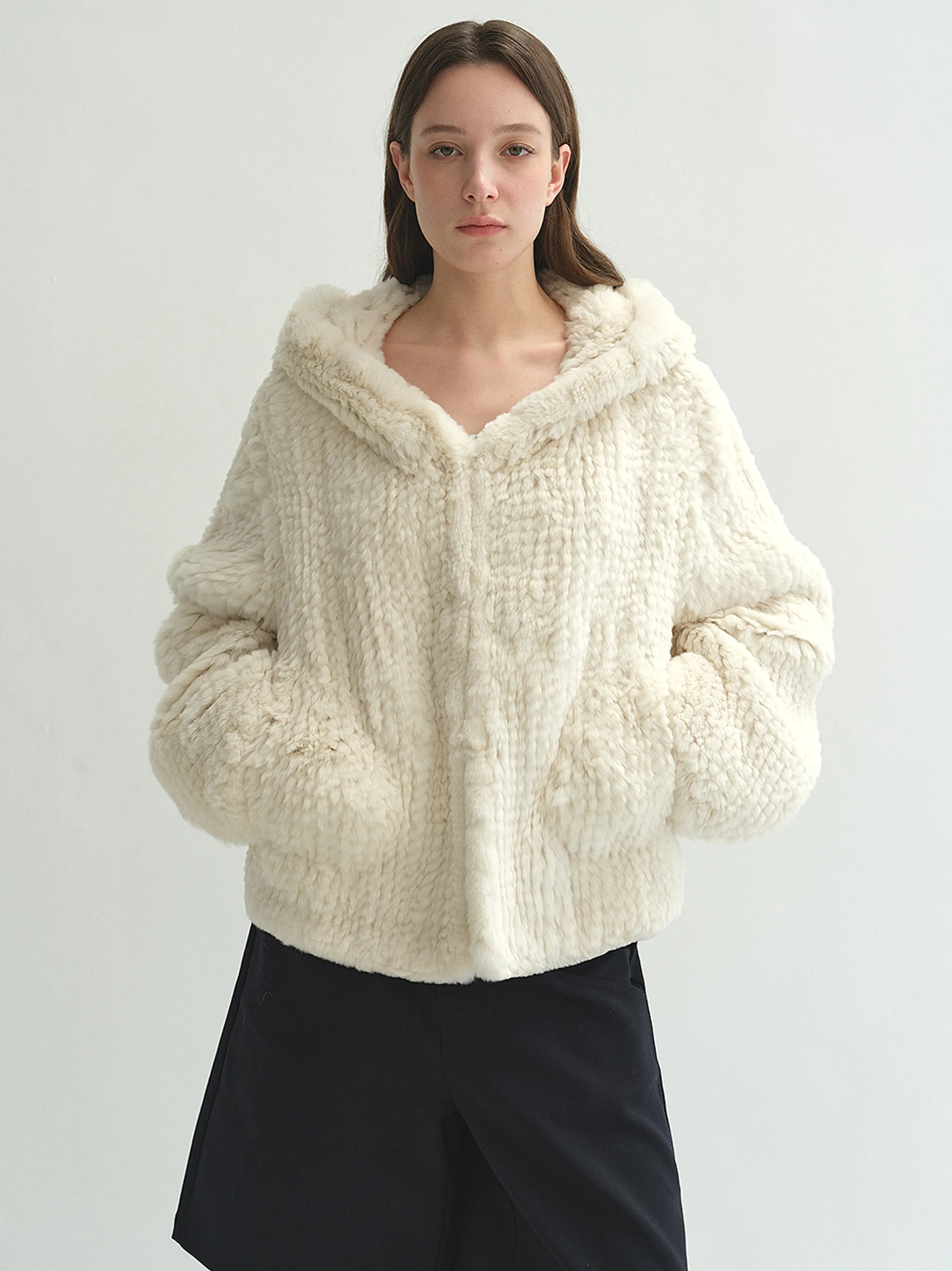 Two-Tone Hooded Rex Rabbit Fur Jacket - Image 6