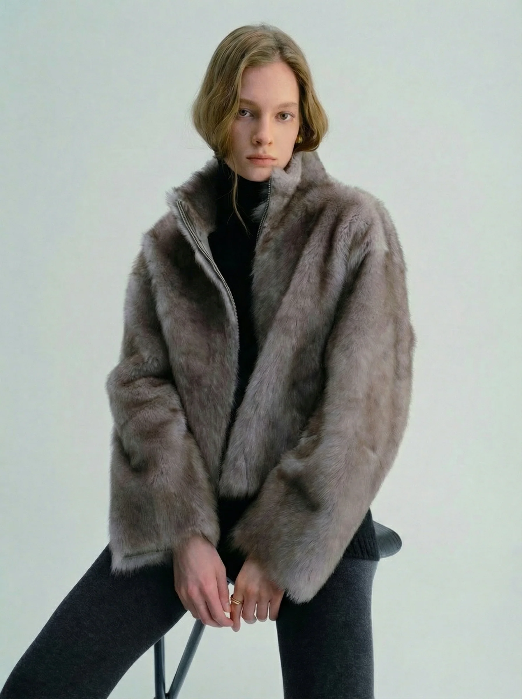 Two-Tone Stand Collar Shearling Jacket