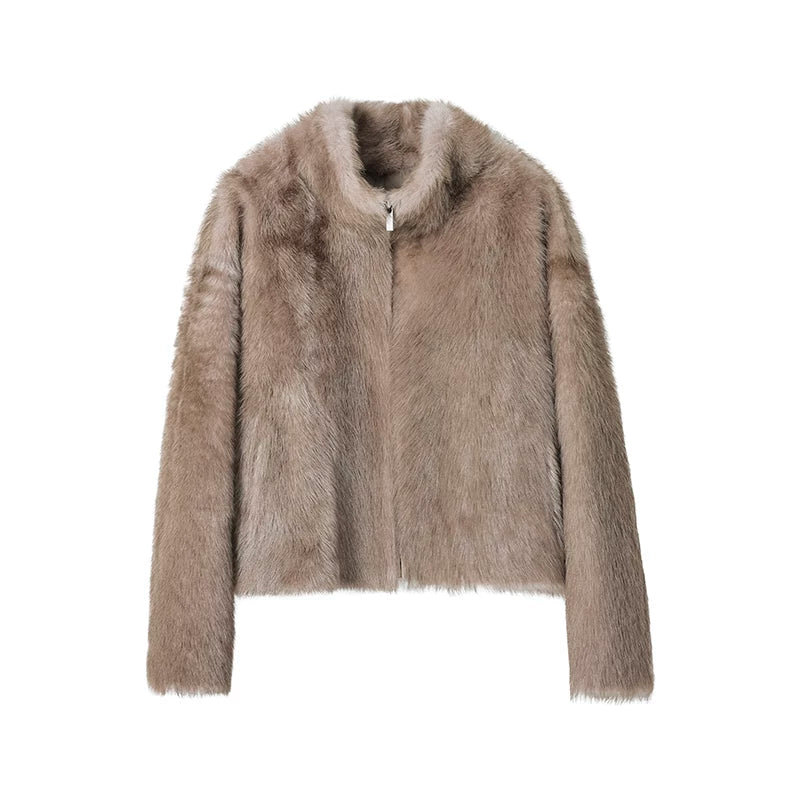 Two-Tone Stand Collar Shearling Jacket - Image 5