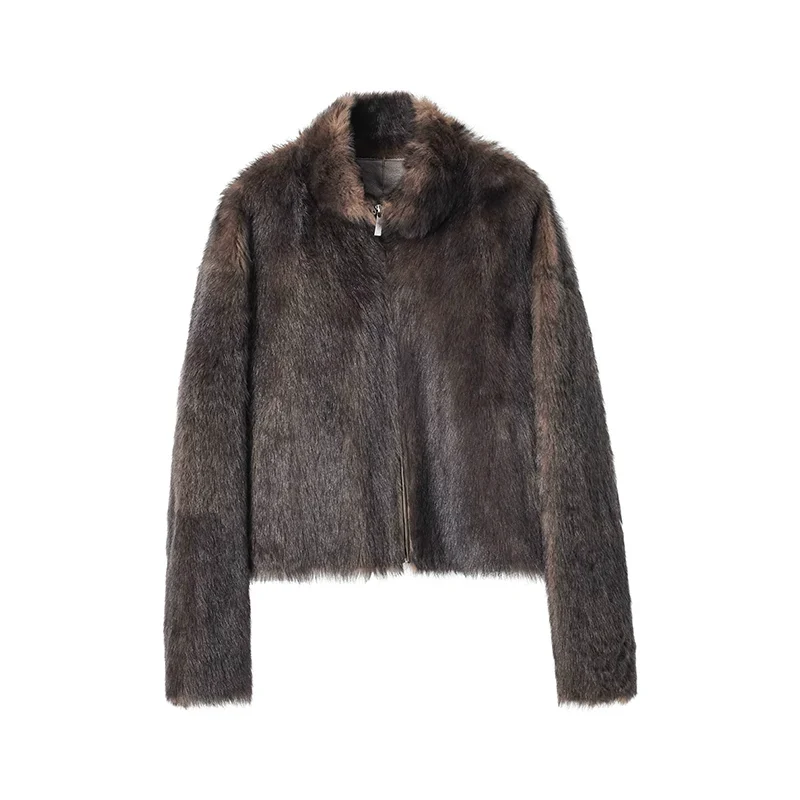Two-Tone Stand Collar Shearling Jacket - Image 6