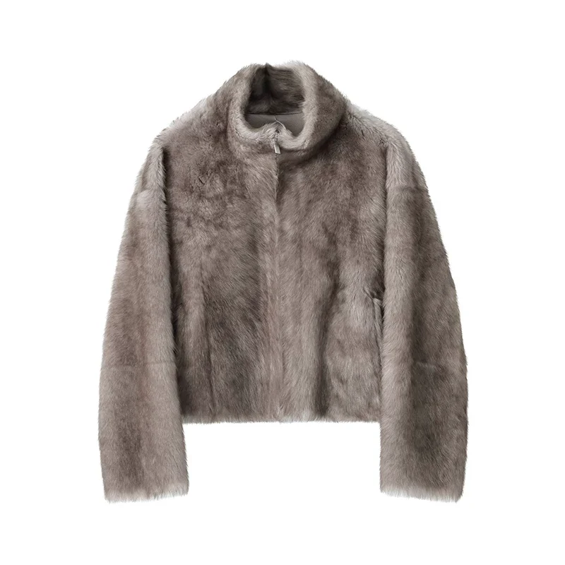 Two-Tone Stand Collar Shearling Jacket - Image 7