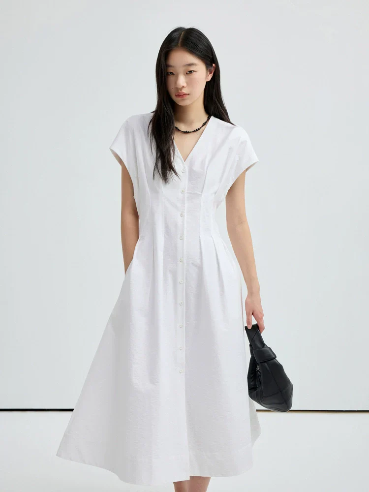 V-Neck Button-Front A-Line Midi Dress