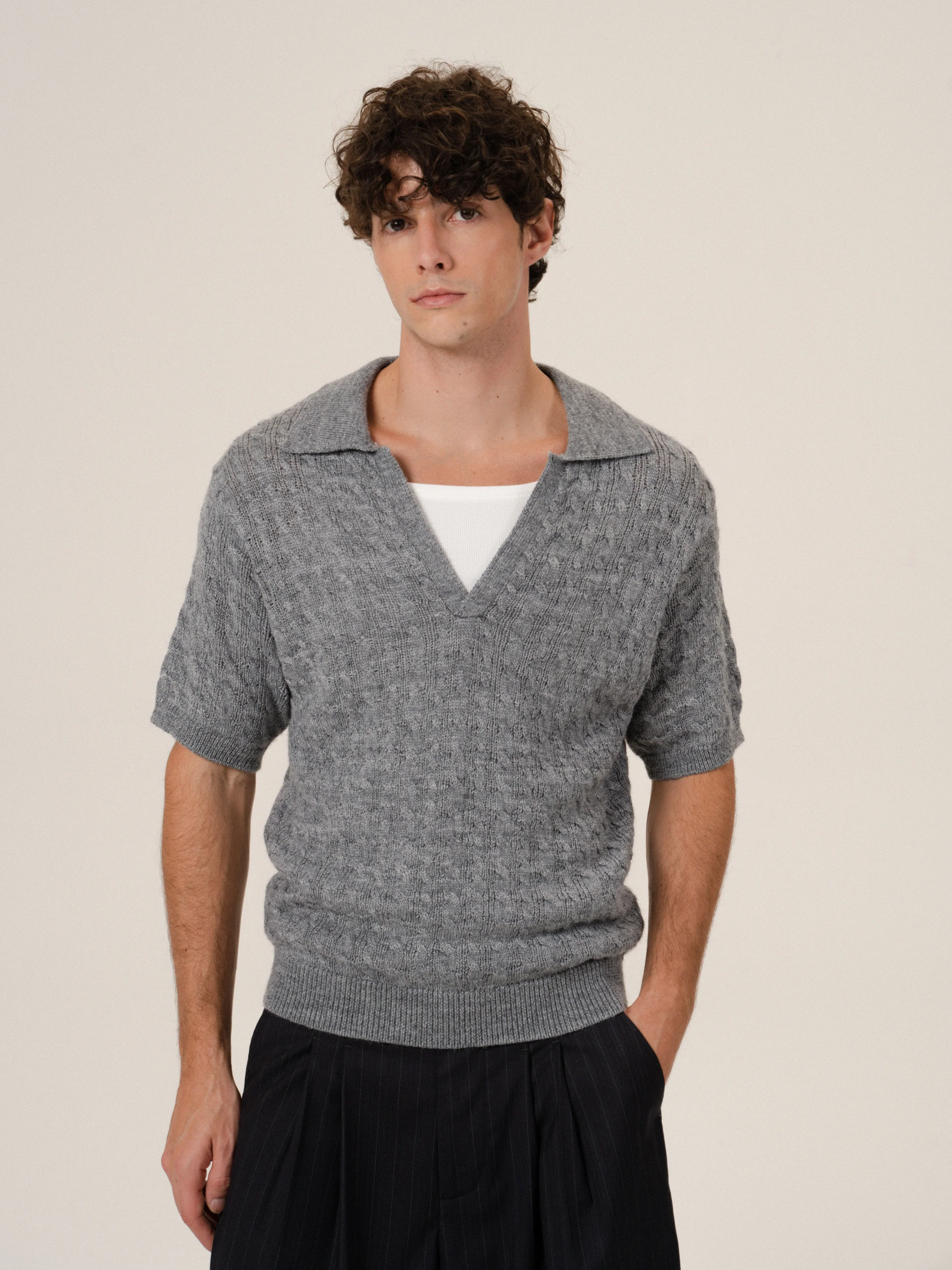 V-Neck Cable Knit Polo Sweater - Image 2